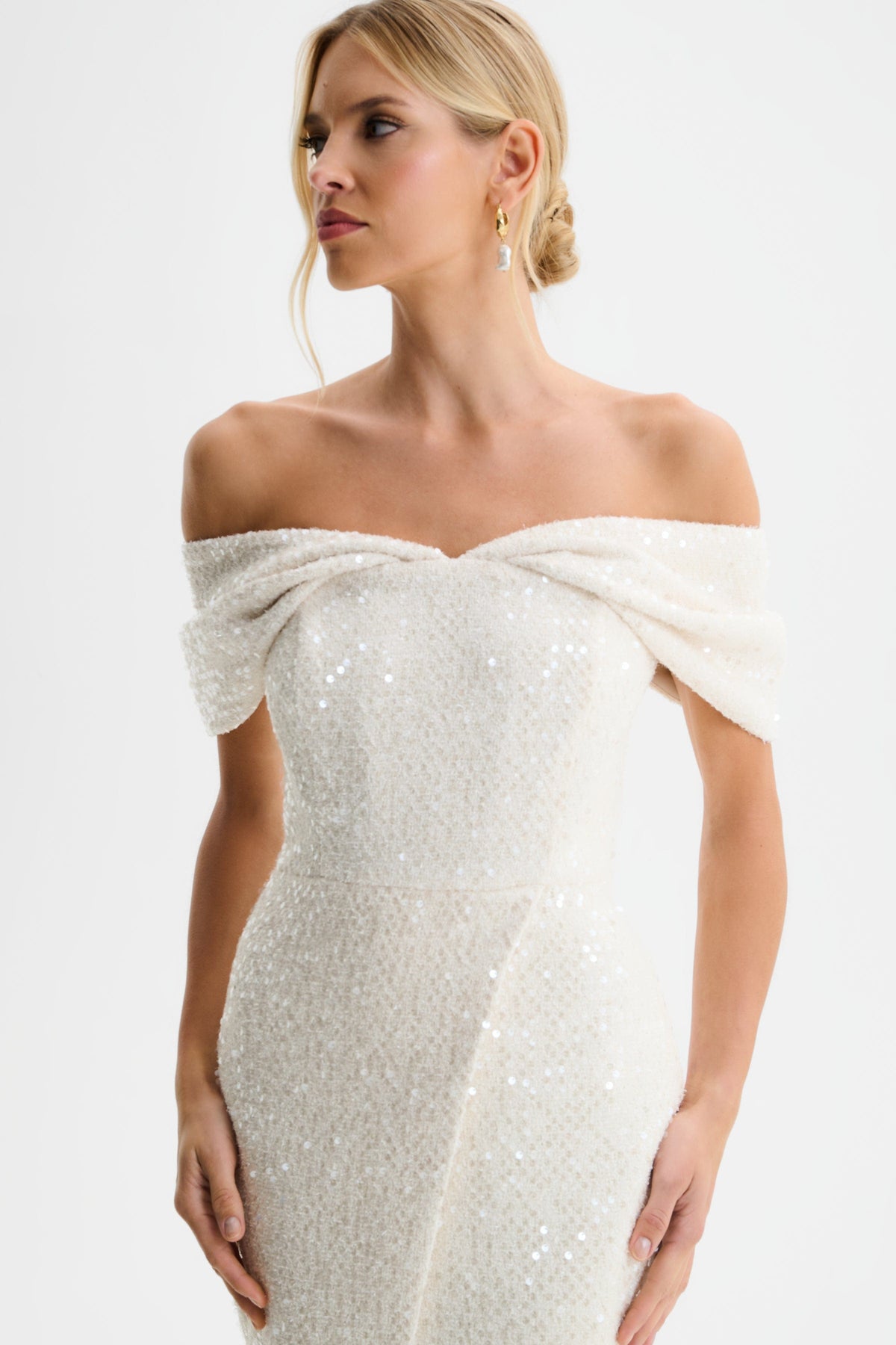 HARLEEN Sequin Boucle Midi Dress in Beige Position 2