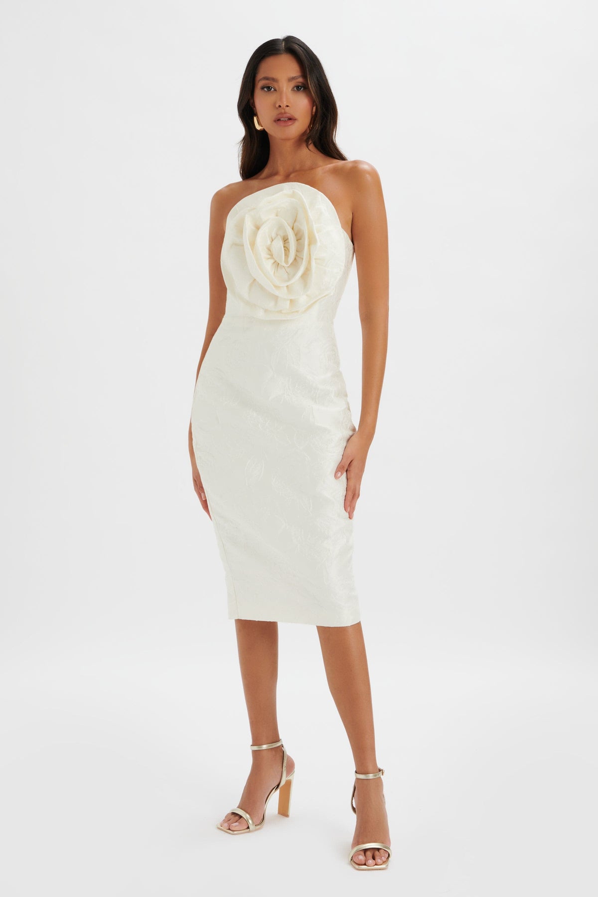MONTANA 3D Flower Bandeau Midi Dress in White Jacquard Position 2