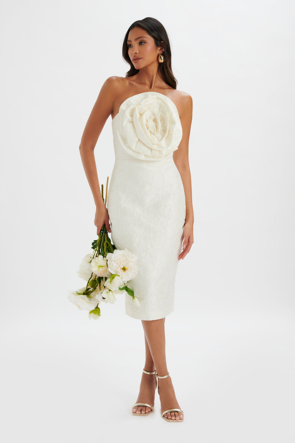 MONTANA 3D Flower Bandeau Midi Dress in White Jacquard Position 1
