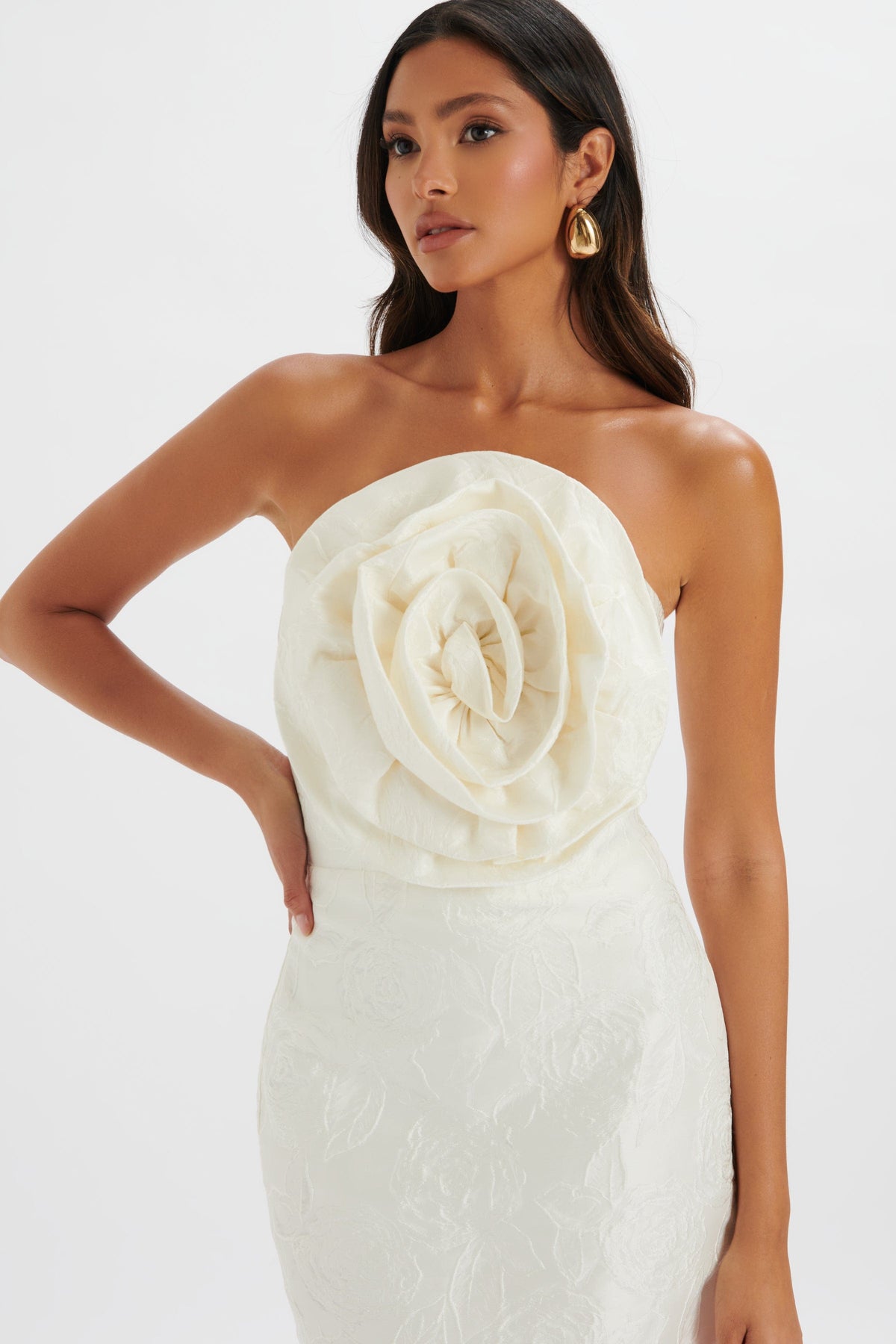 MONTANA 3D Flower Bandeau Midi Dress in White Jacquard Position 3