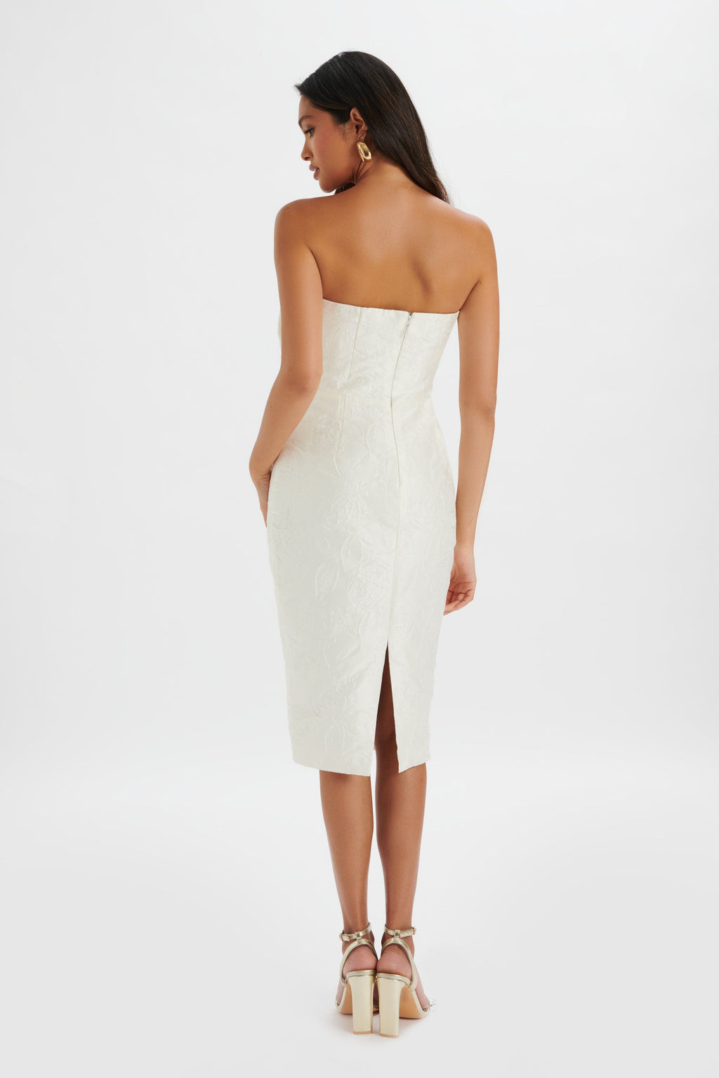 MONTANA 3D Flower Bandeau Midi Dress in White Jacquard Position 4