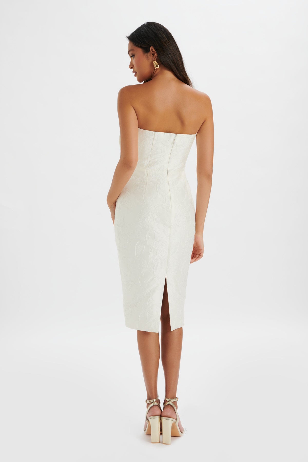 MONTANA 3D Flower Bandeau Midi Dress in White Jacquard Position 4