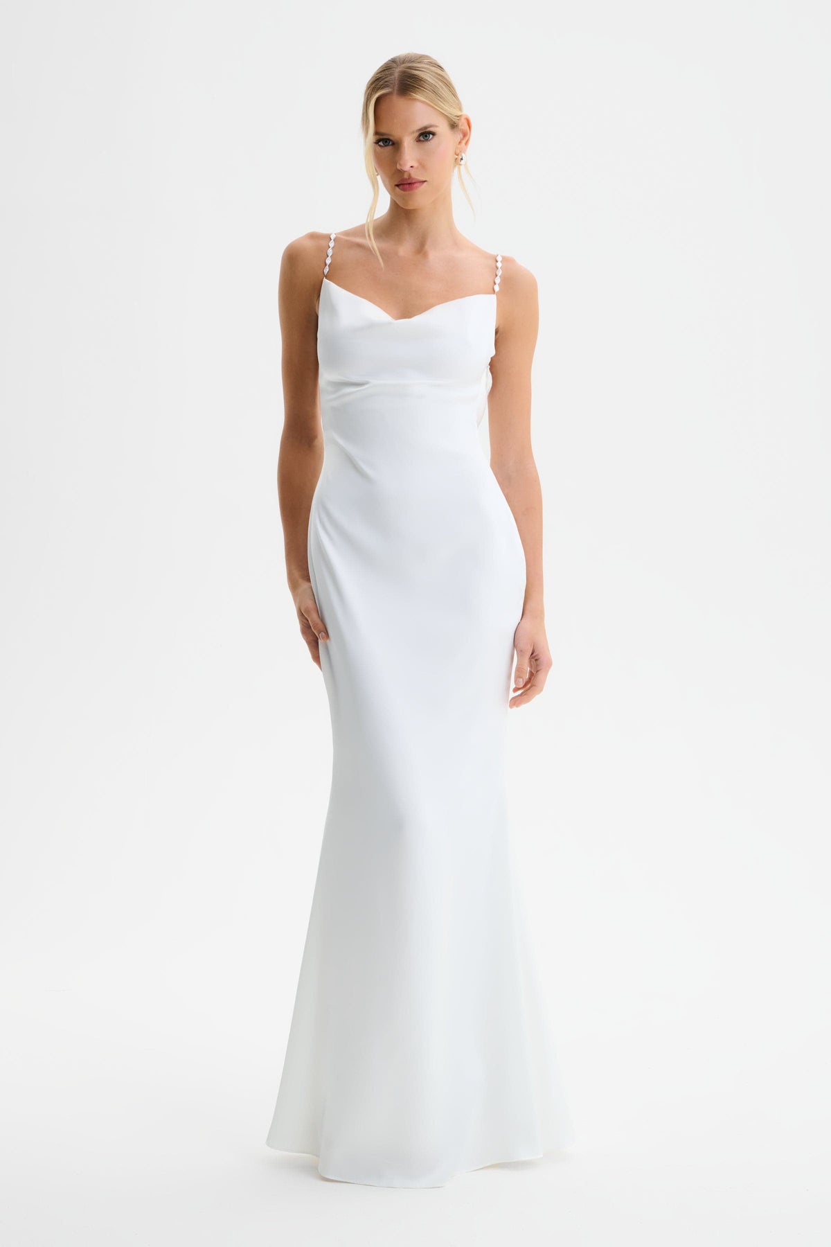 DANI Satin Maxi Dress with Pearl Straps in White Position 3
