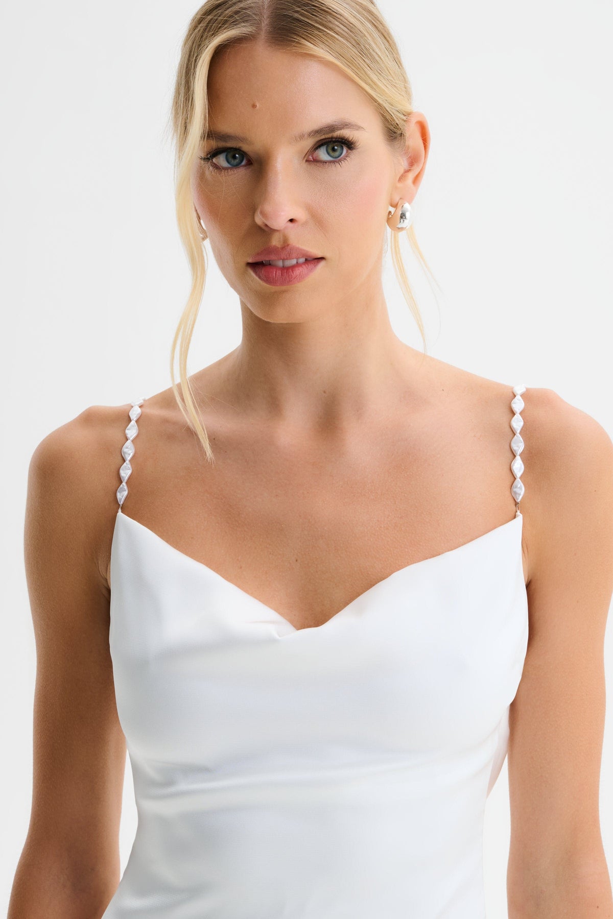 DANI Satin Maxi Dress with Pearl Straps in White Position 4
