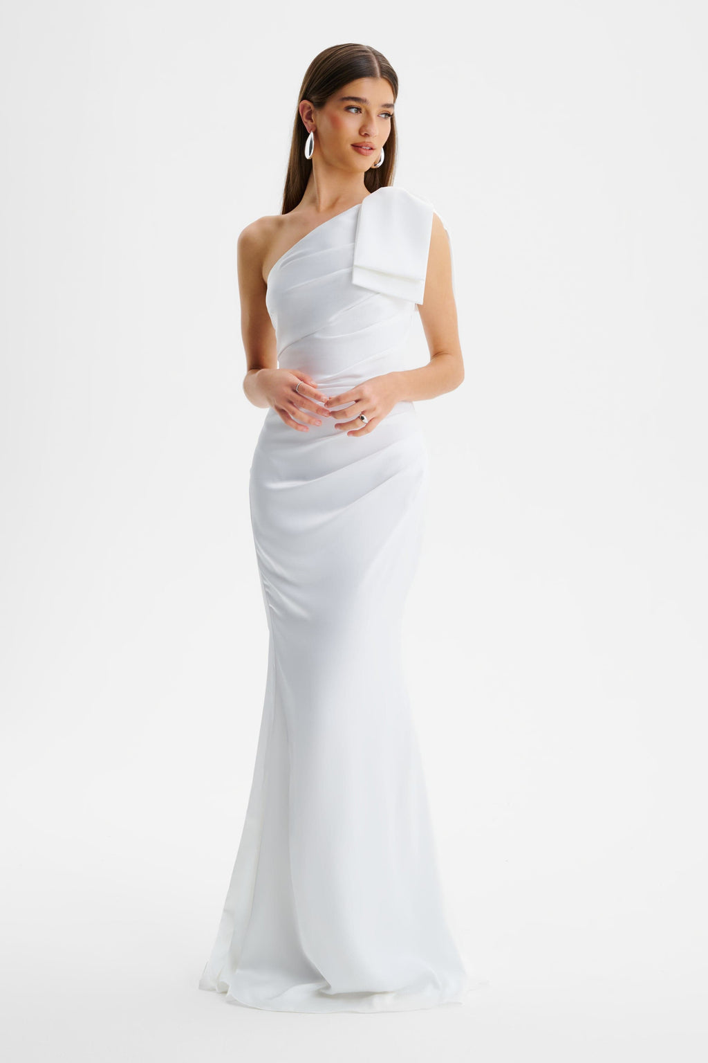 EMELIA One Shoulder Bow Maxi Dress in White Position 2