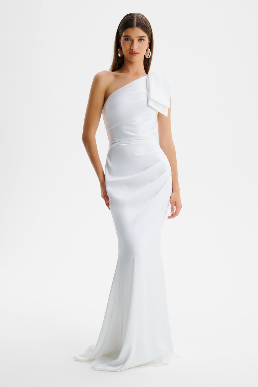 EMELIA One Shoulder Bow Maxi Dress in White Position 1