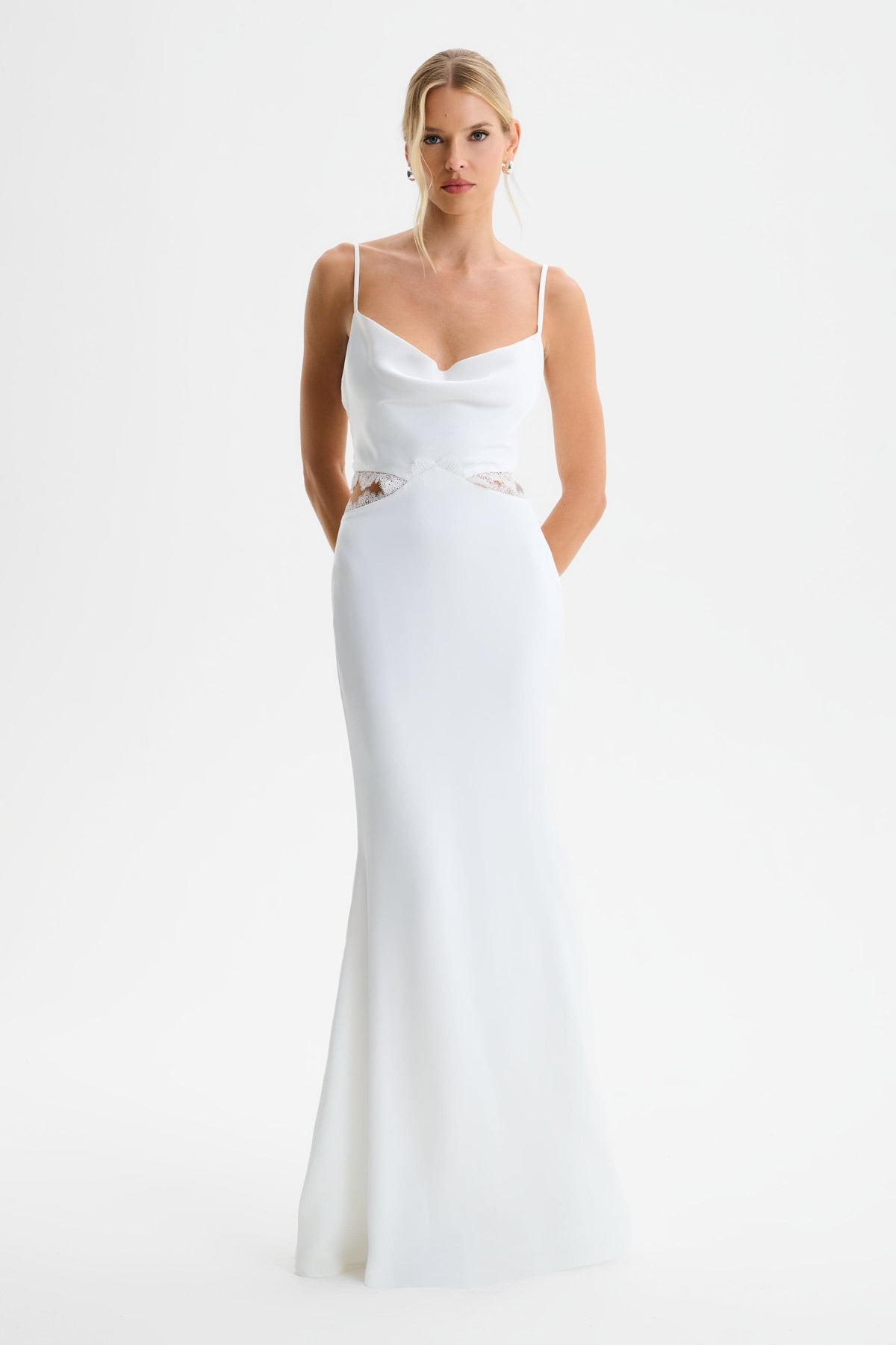 MAY Lace Insert Satin Maxi Dress in White Position 3
