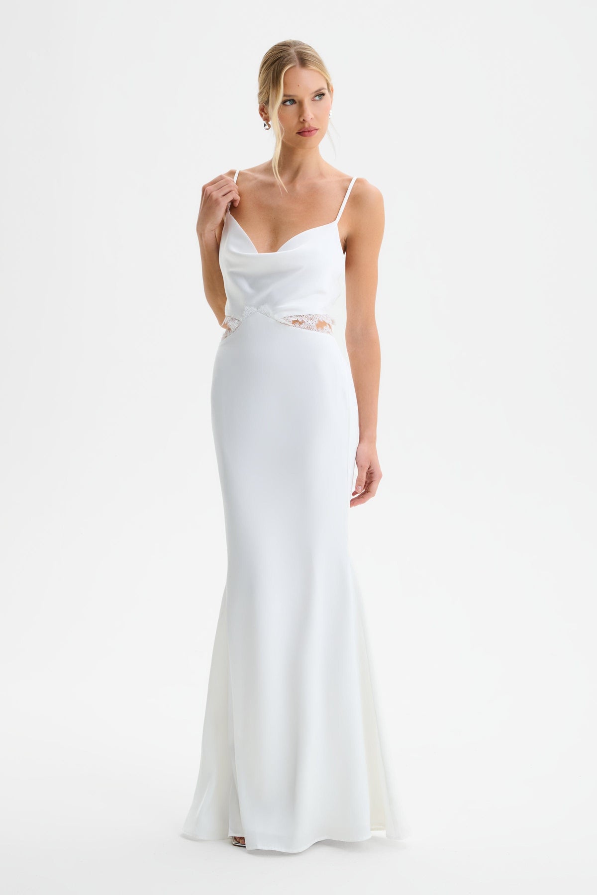 MAY Lace Insert Satin Maxi Dress in White Position 4