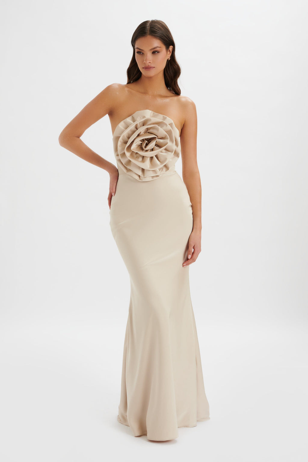 DALIA 3D Flower Bandeau Maxi Dress in Champagne Position 3