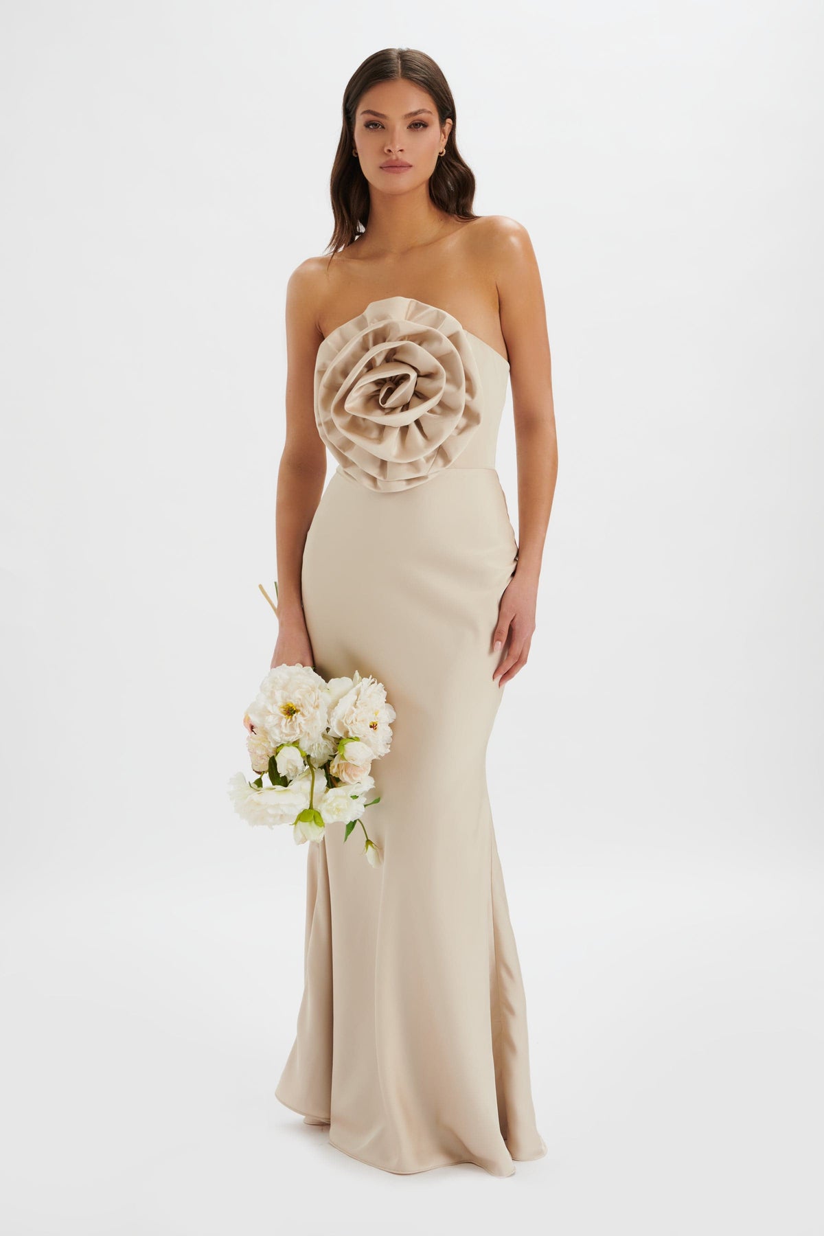 DALIA 3D Flower Bandeau Maxi Dress in Champagne Position 1