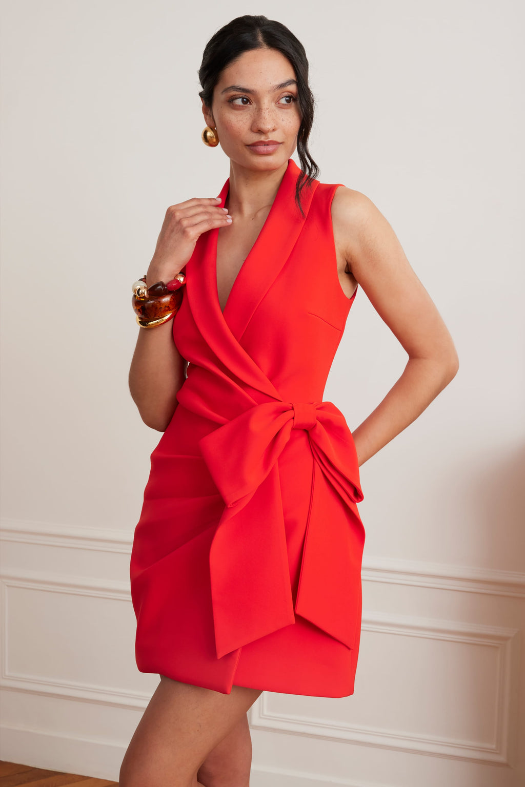 CAMILLE V Neck Mini Dress in Red Position 3