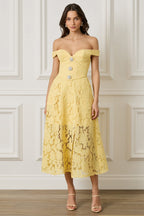 OLIVIA Embellished Broderie Midi Dress in Yellow Position 1