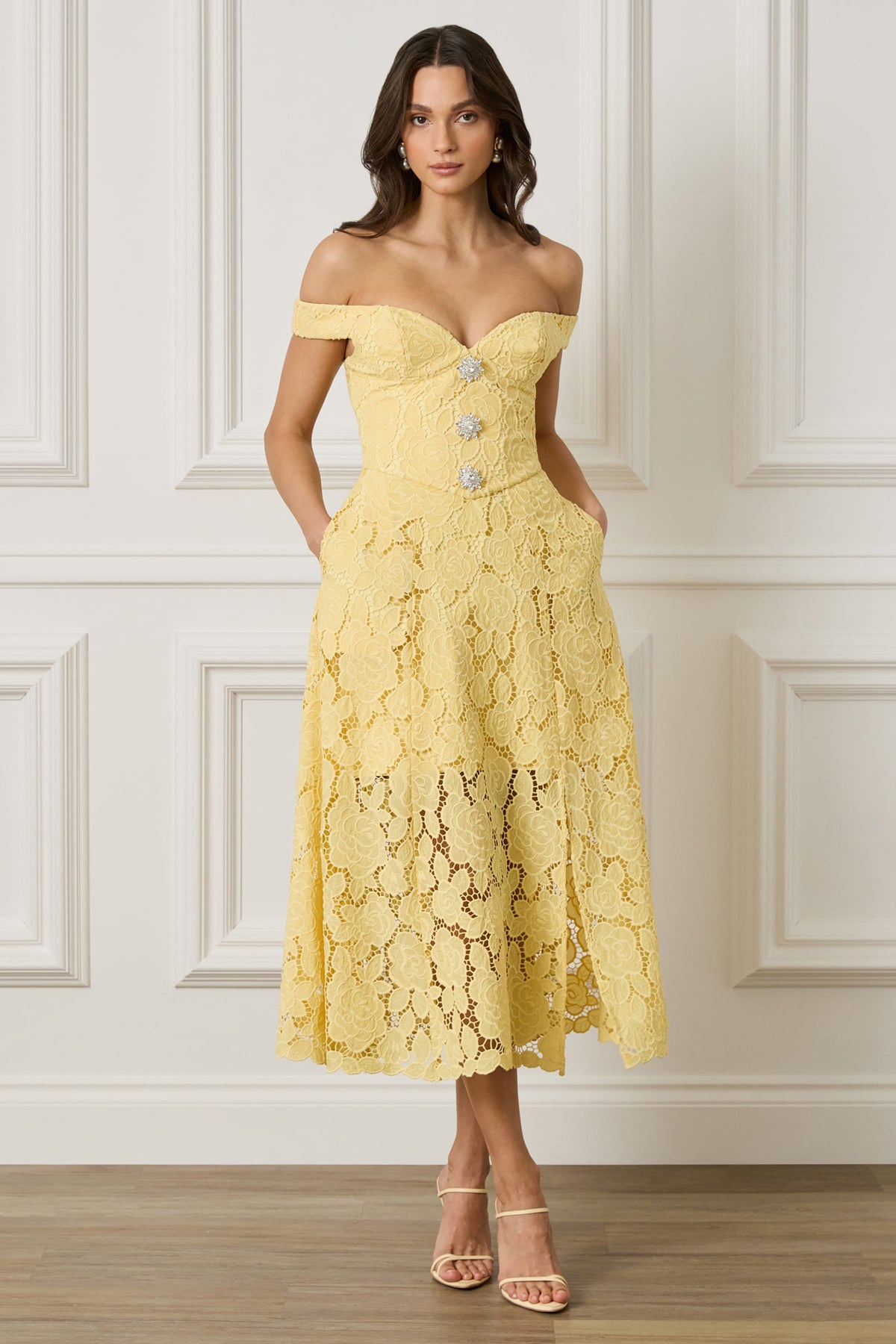OLIVIA Embellished Broderie Midi Dress in Yellow Position 4