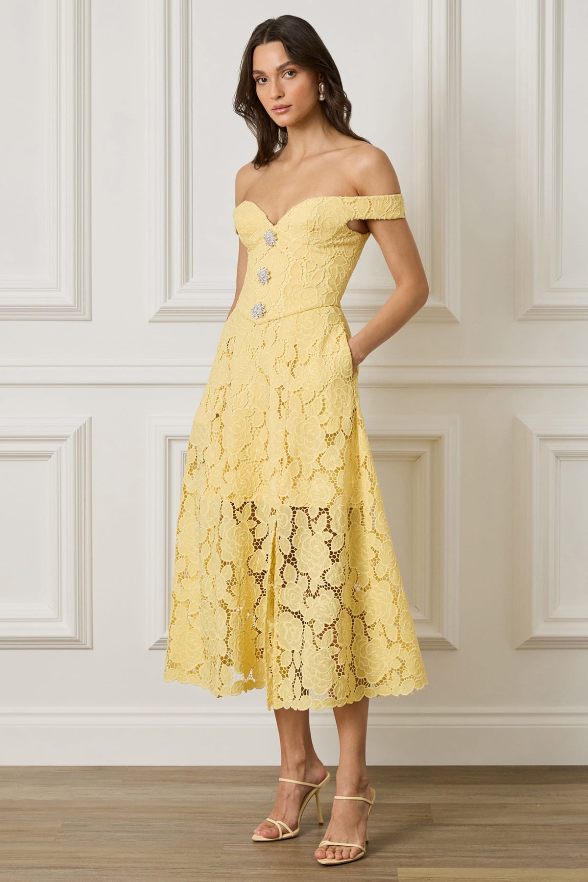 OLIVIA Embellished Broderie Midi Dress in Yellow Position 5