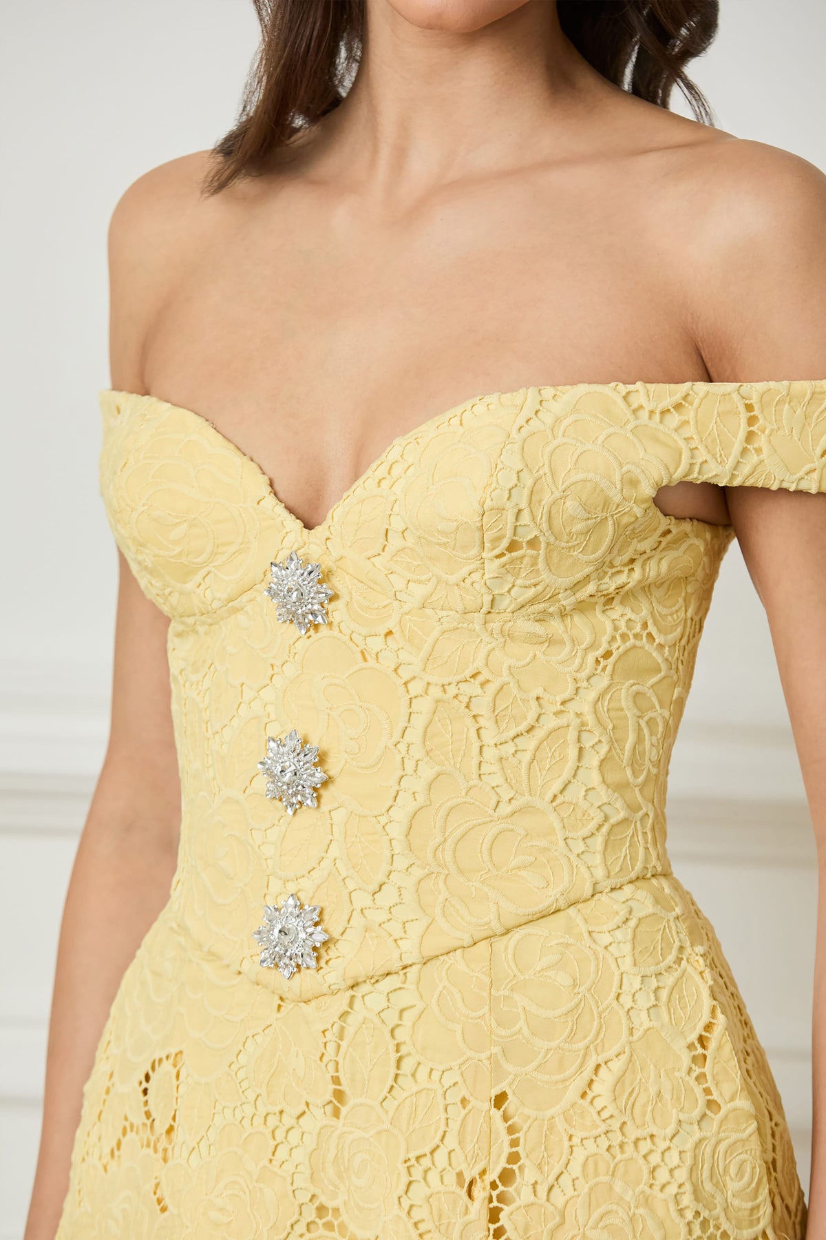 OLIVIA Embellished Broderie Midi Dress in Yellow Position 2