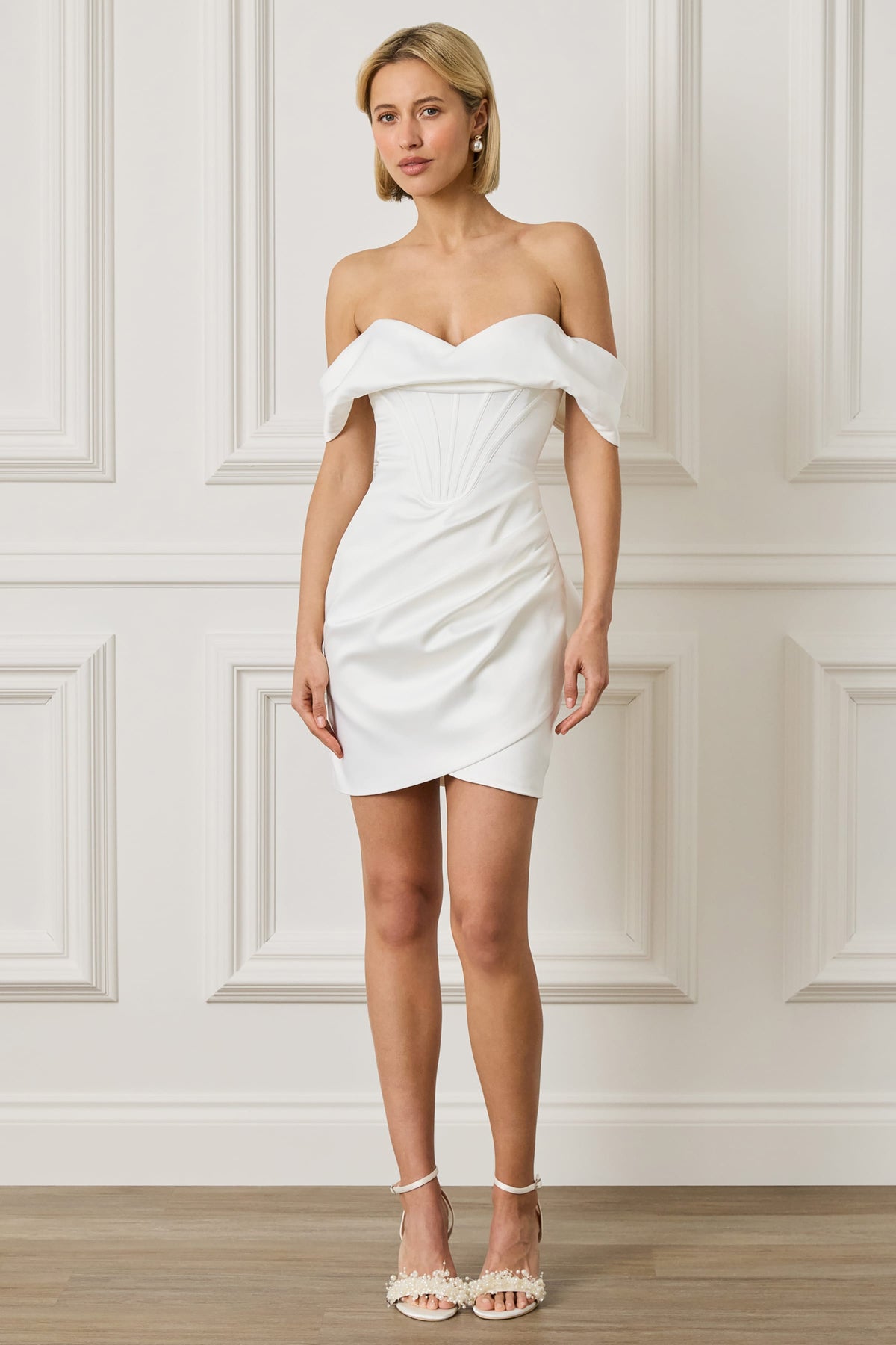 GEORGIE Satin Mini Dress in White Position 1