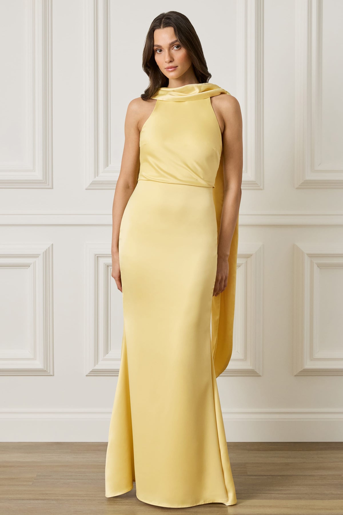 LIORA Satin Maxi Dress in Yellow Position 3