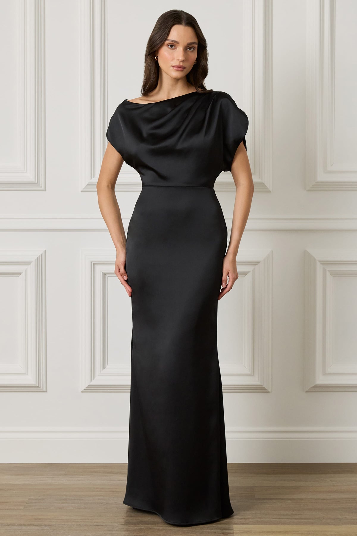 TRINITY Satin Maxi Dress in Black Position 1
