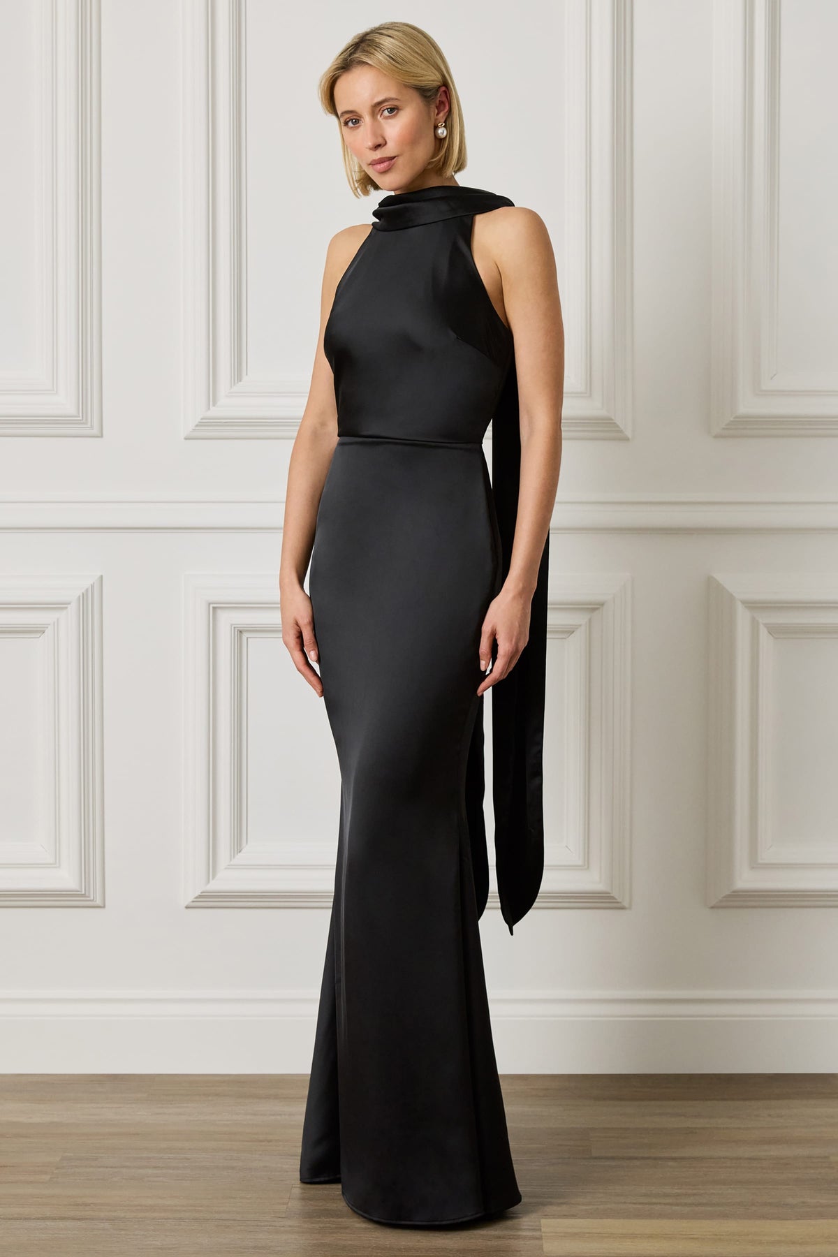 LIORA Satin Maxi Dress in Black Position 1