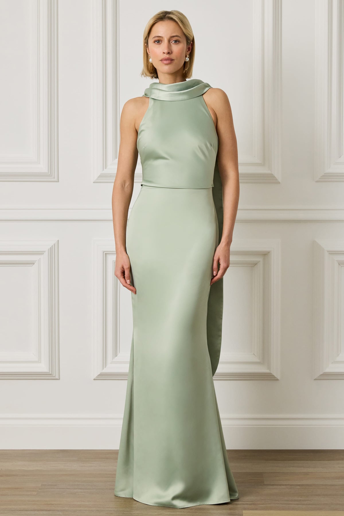 LIORA Satin Maxi Dress in Sage Position 5