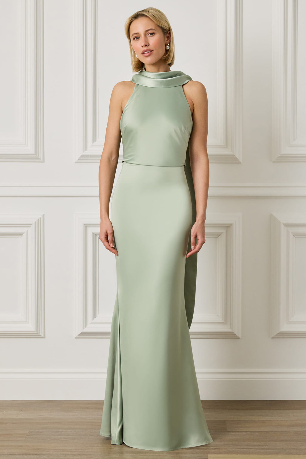 LIORA Satin Maxi Dress in Sage Position 1