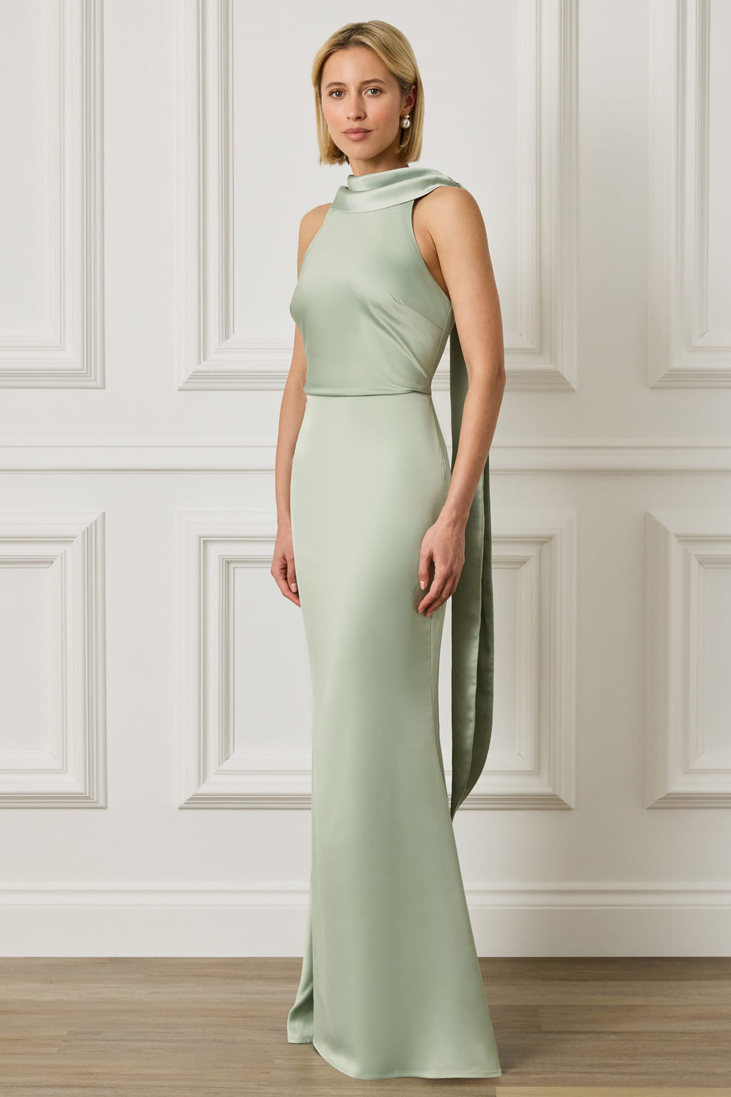 LIORA Satin Maxi Dress in Sage Position 4