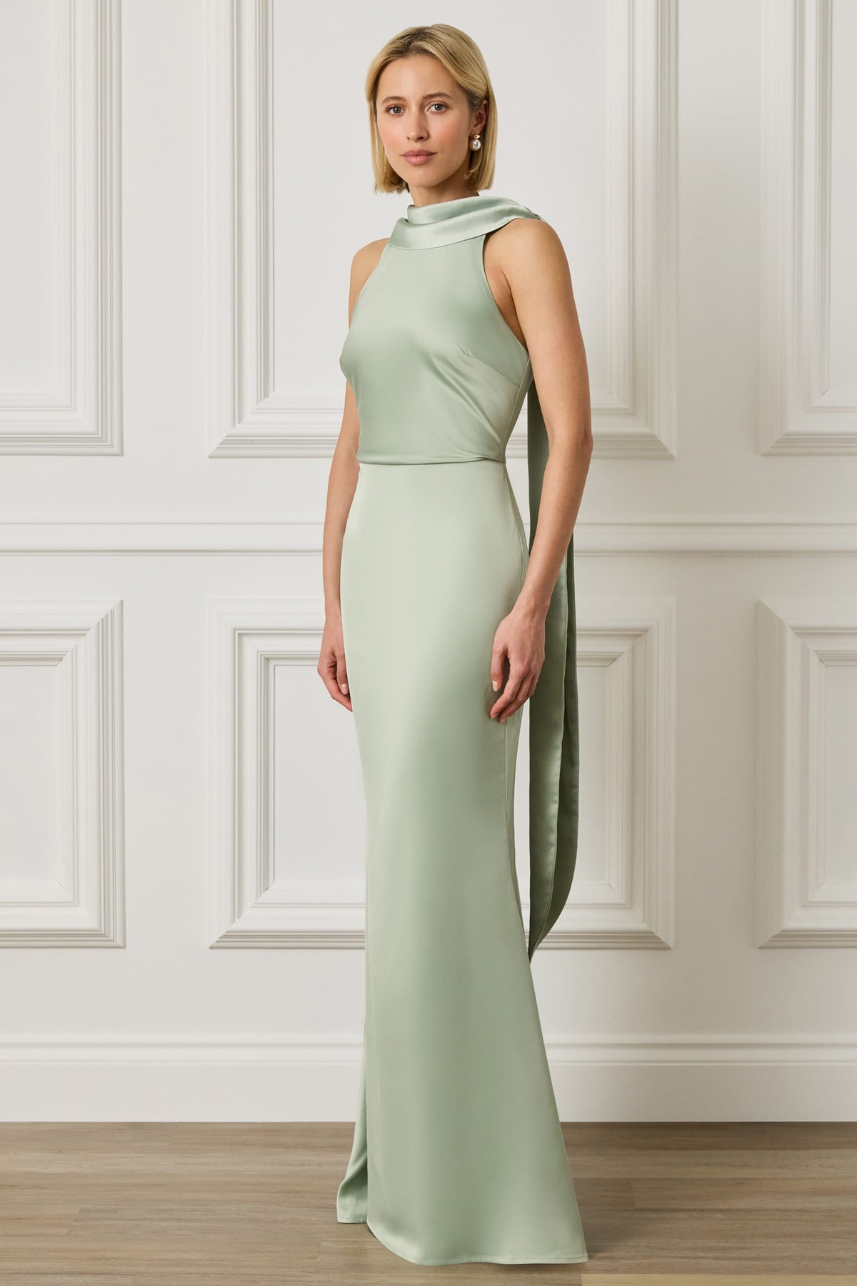 LIORA Satin Maxi Dress in Sage Position 4
