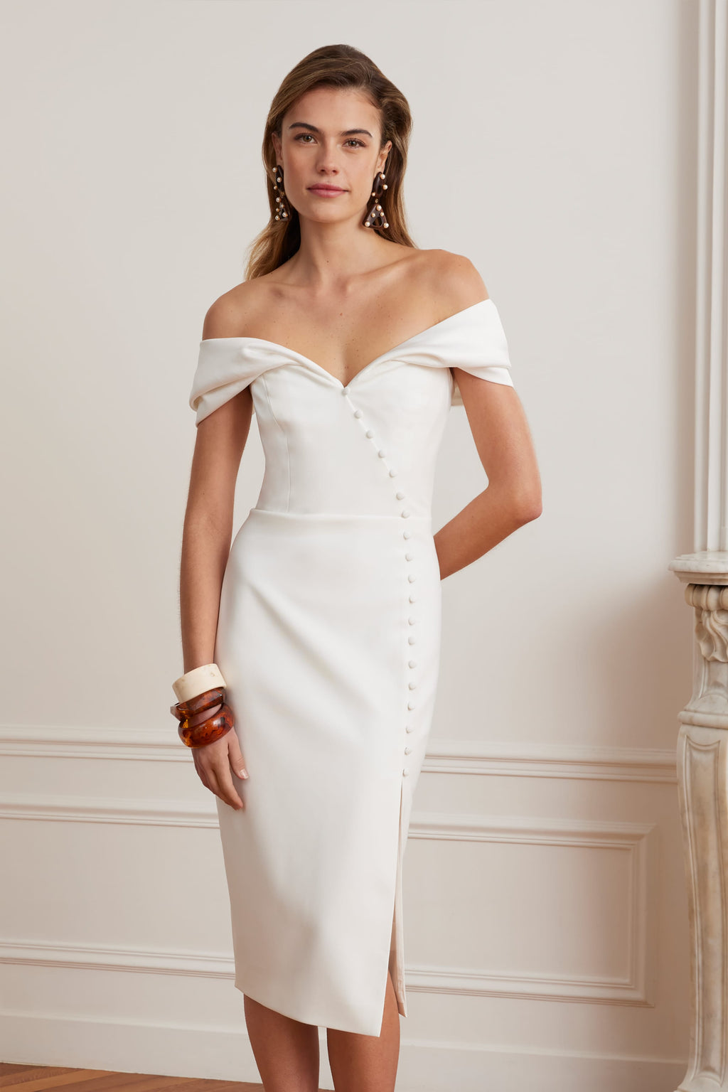 NOELLE Button Detail Midi Dress in White Position 1