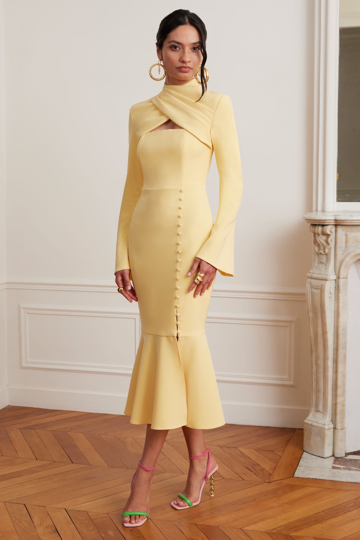 KIMORA High Neck Midi Dress in Yellow Position 6