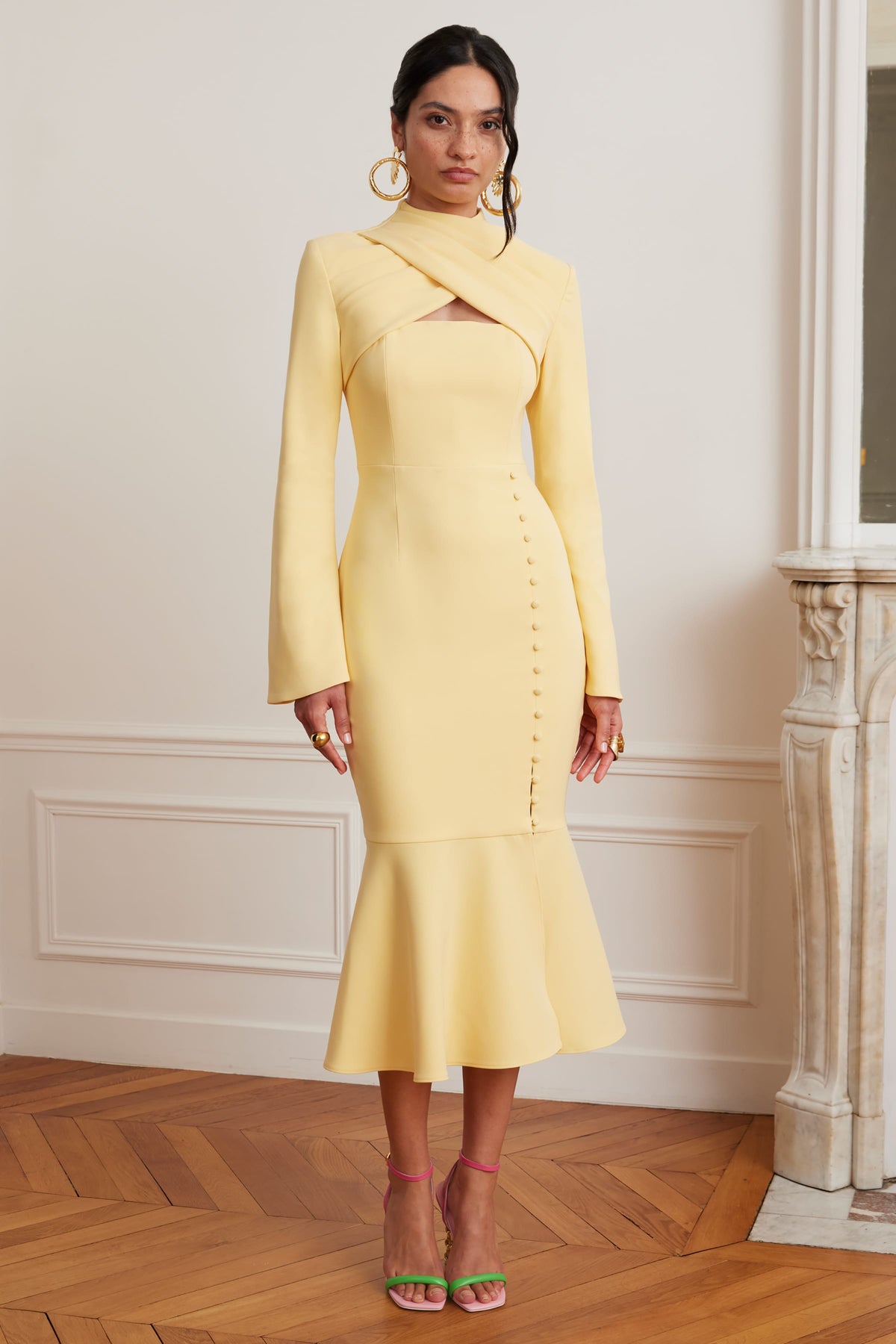KIMORA High Neck Midi Dress in Yellow Position 1