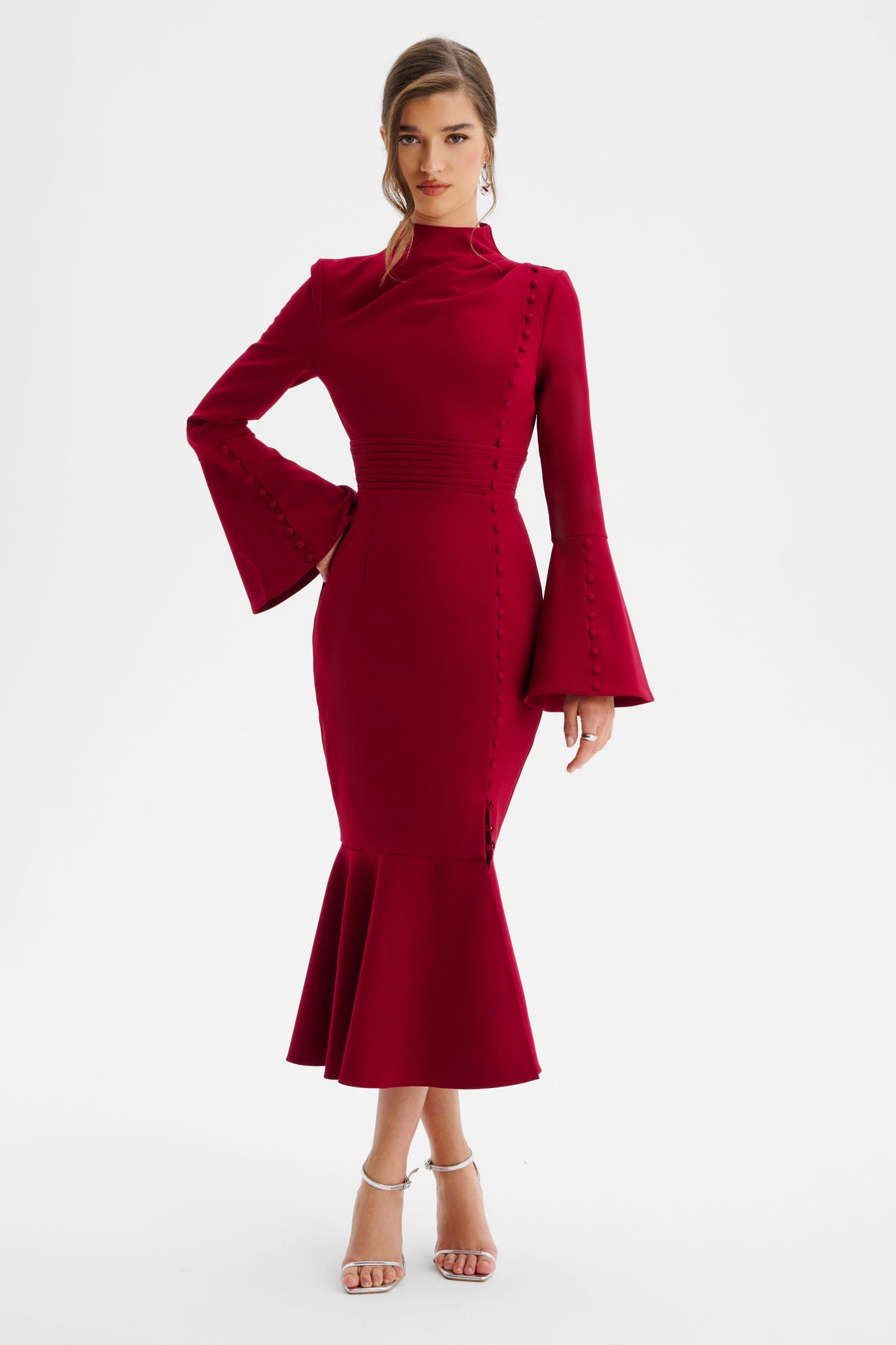 AUBREY High Neck Midi Dress in Red Position 2