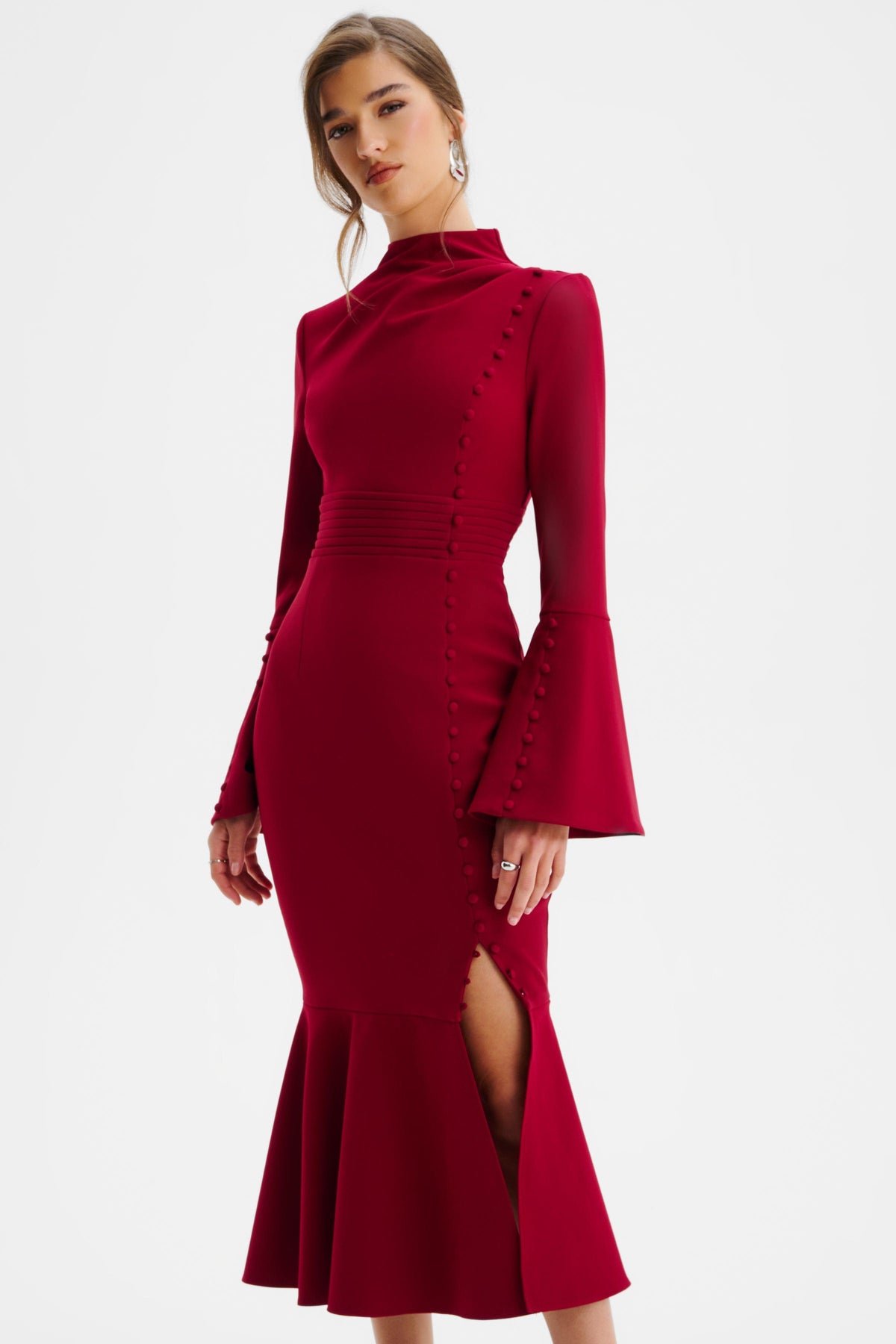 AUBREY High Neck Midi Dress in Red Position 3