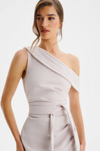 JESSICA Off Shoulder Belted Midi Dress in Champagne Position 3