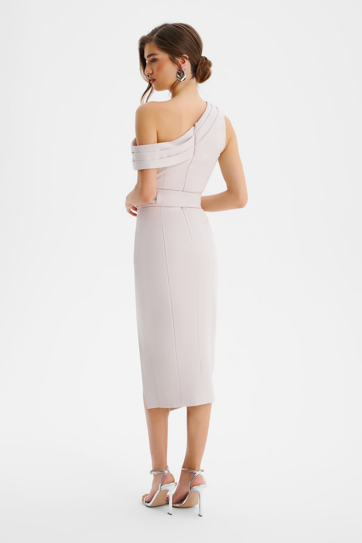 JESSICA Off Shoulder Belted Midi Dress in Champagne Position 4