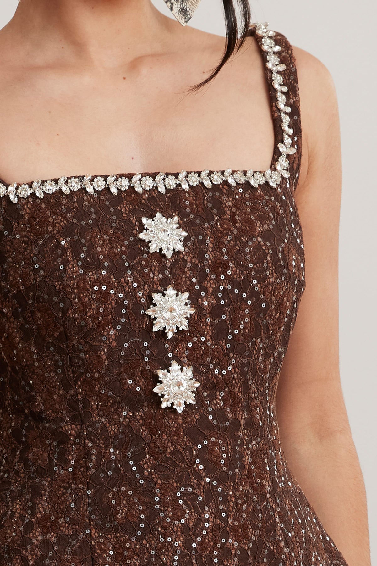 ZOEY Embellished Boucle Mini Dress in Chocolate Position 2
