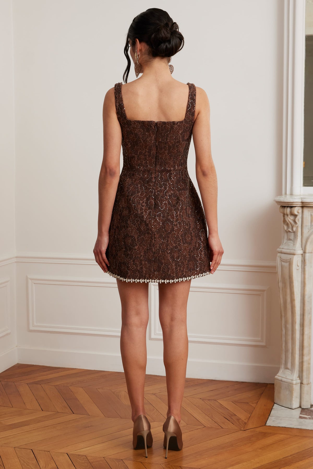 ZOEY Embellished Boucle Mini Dress in Chocolate Position 3