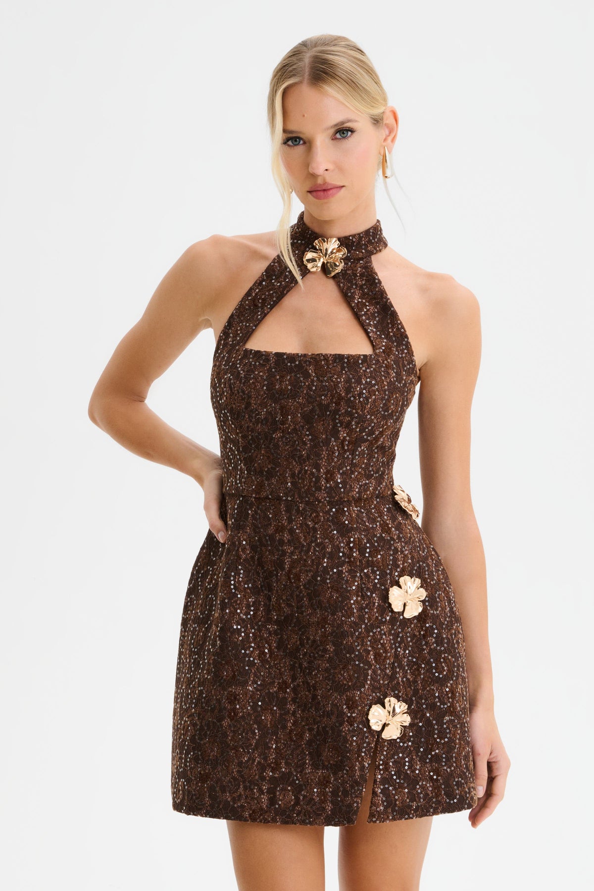 DARCIE Embellished Boucle Mini Dress in Brown Position 1
