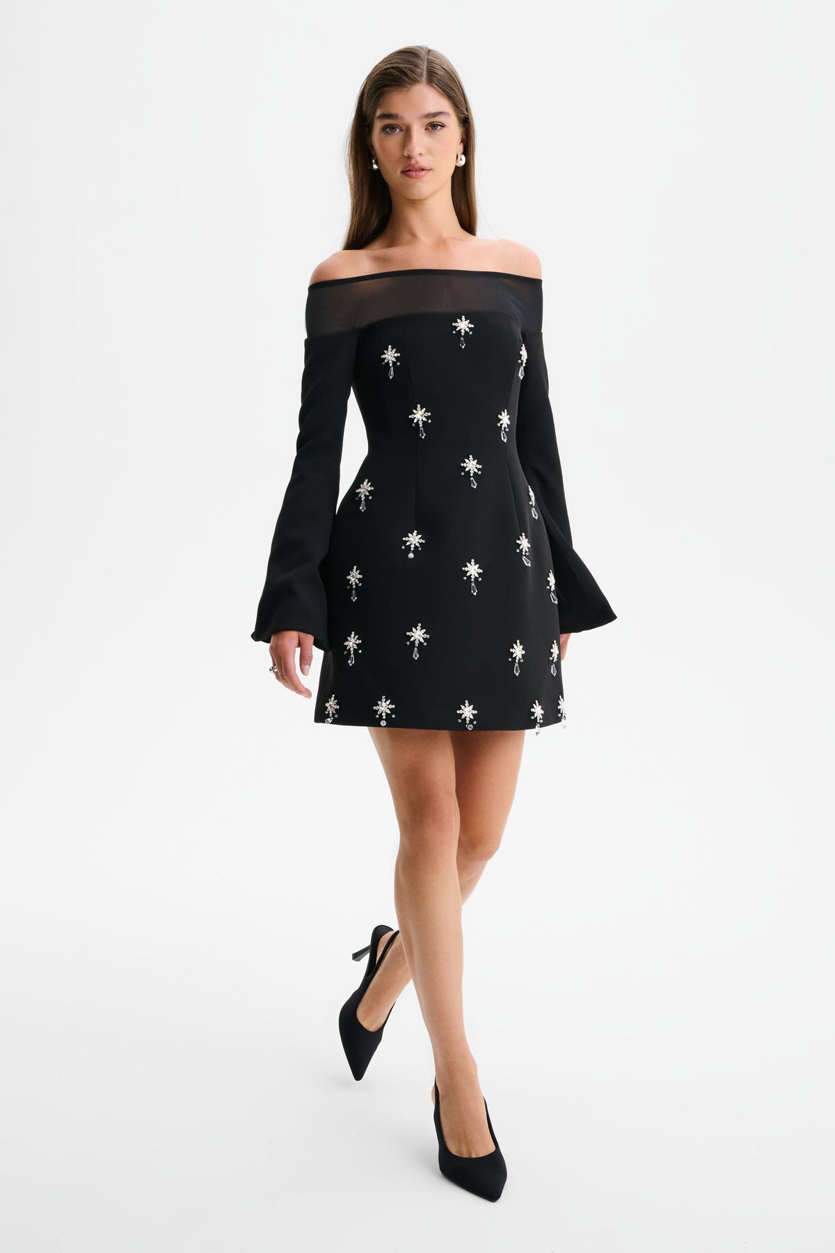 YASMIN Bardot Embellished Mini Dress in Black Position 1