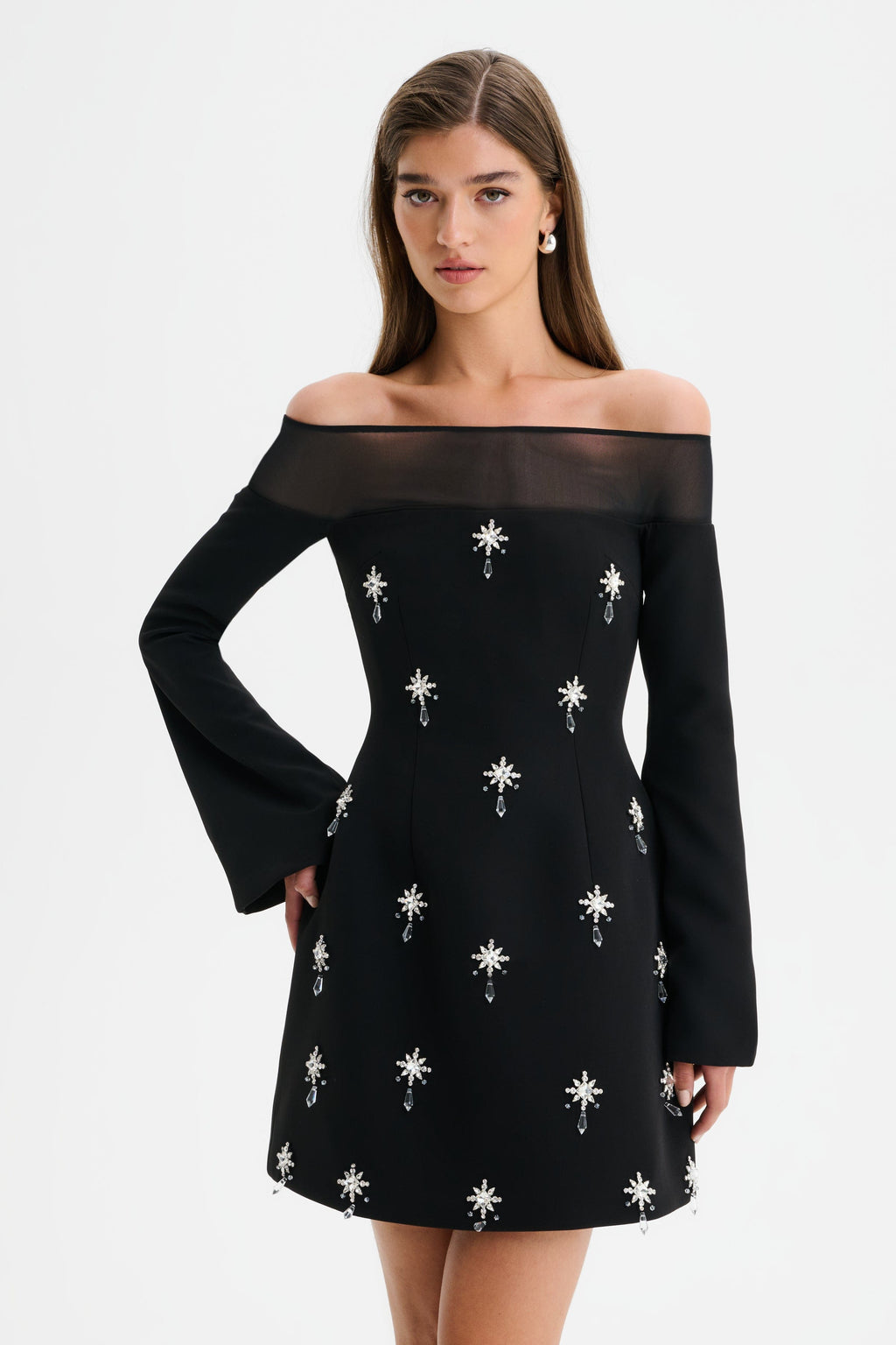 YASMIN Bardot Embellished Mini Dress in Black Position 2