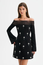 YASMIN Bardot Embellished Mini Dress in Black Position 2