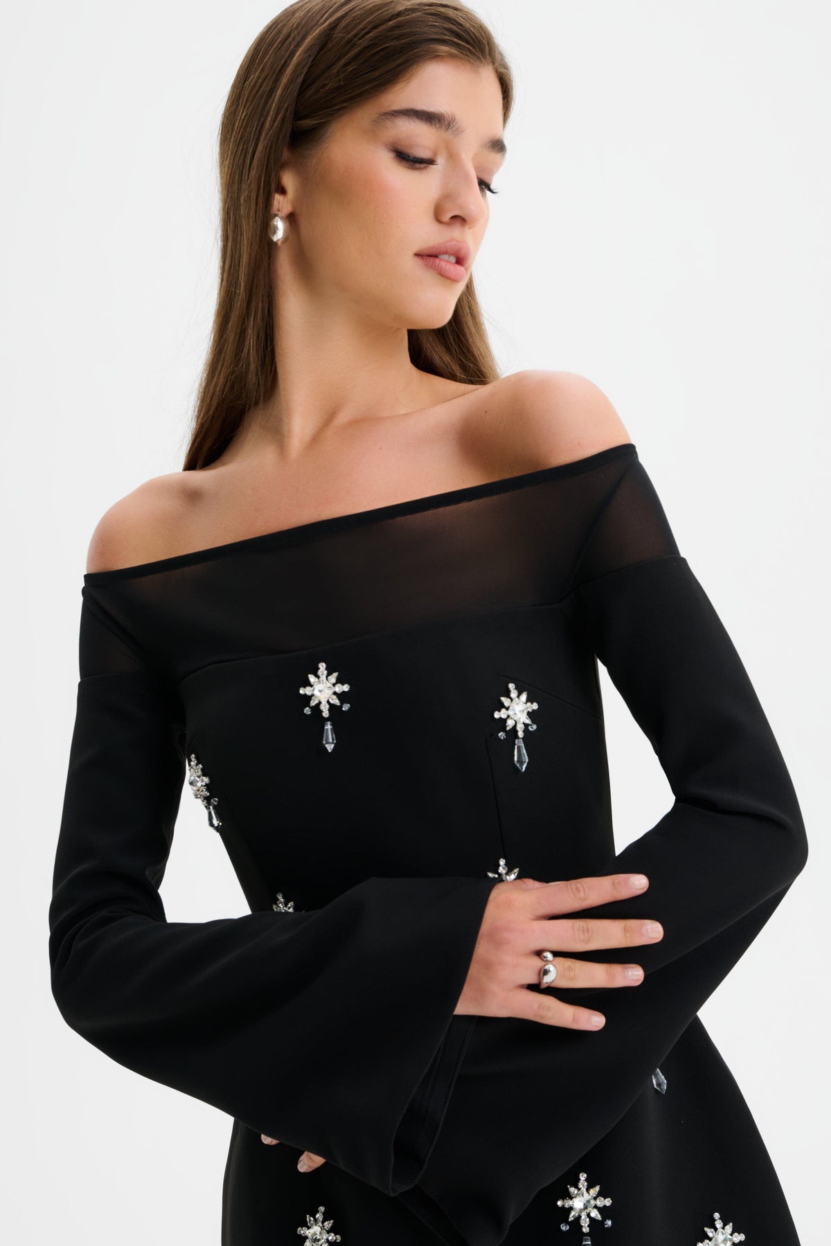 YASMIN Bardot Embellished Mini Dress in Black Position 4