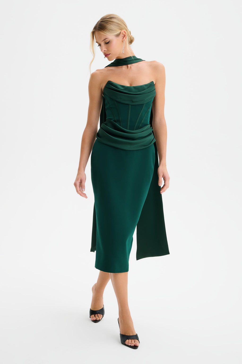 ZENDEYA Bandeau Neck Midi Dress in Emerald Position 1