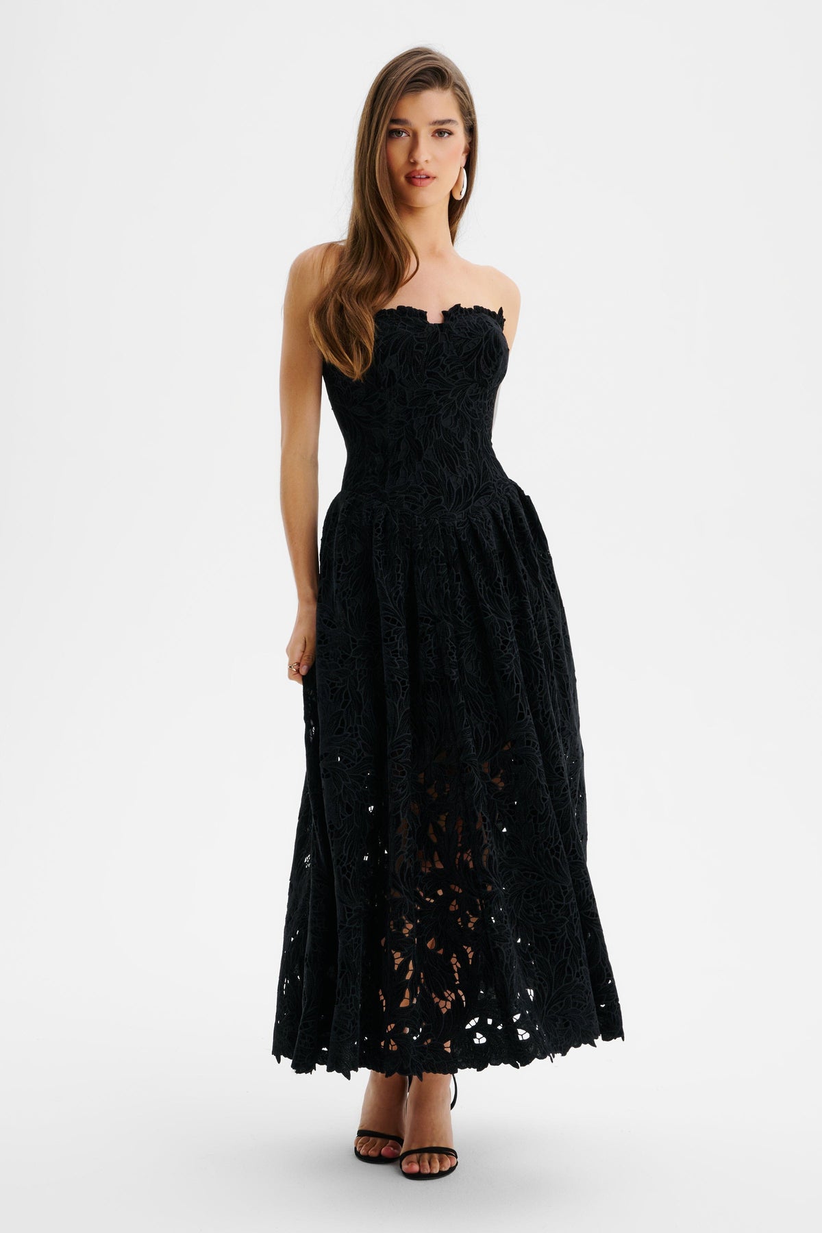 ARABELLA Velvet Lace Midi Dress in Black Position 2