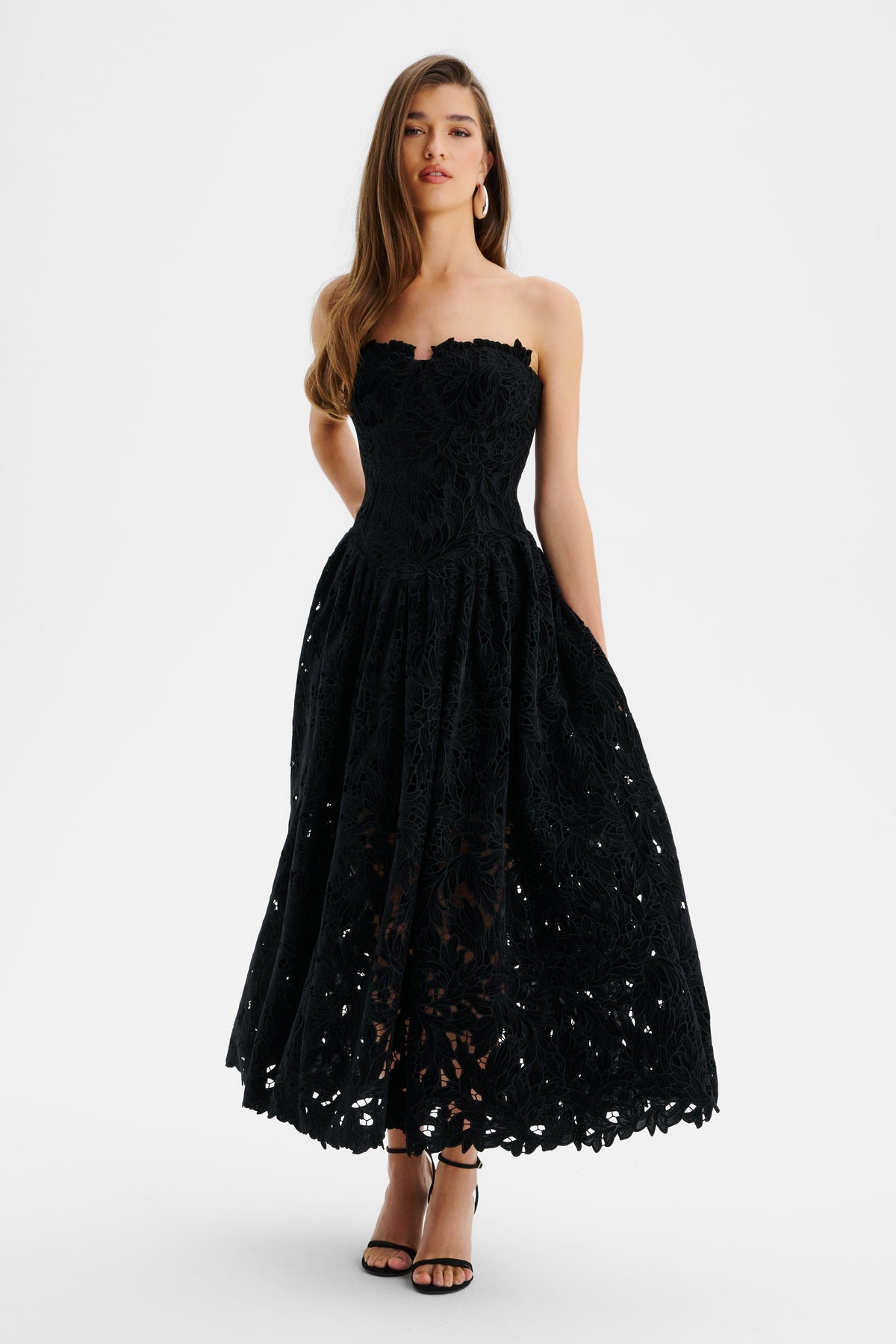 ARABELLA Velvet Lace Midi Dress in Black Position 3