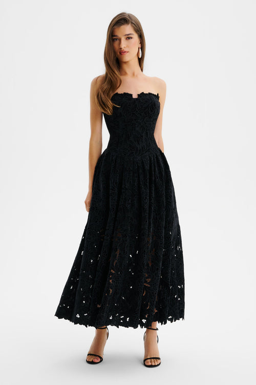 ARABELLA Velvet Lace Midi Dress in Black Position 1