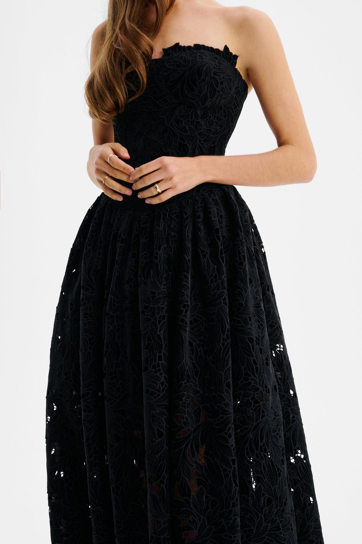 ARABELLA Velvet Lace Midi Dress in Black Position 5