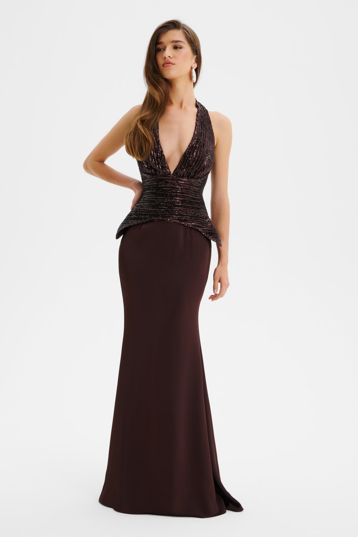 LUCIENNE Sequin Maxi Dress in Brown Position 1