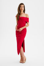 RUBIE One Shoulder Satin Midi Dress In Red Position 1