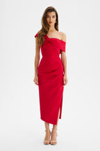 RUBIE One Shoulder Satin Midi Dress In Red Position 2
