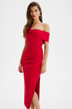 RUBIE One Shoulder Satin Midi Dress In Red Position 3